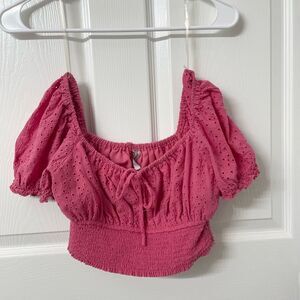 FB Sister Pink Eyelet Puff Sleeve Crop Top – Off Shoulder or On Shoulder
